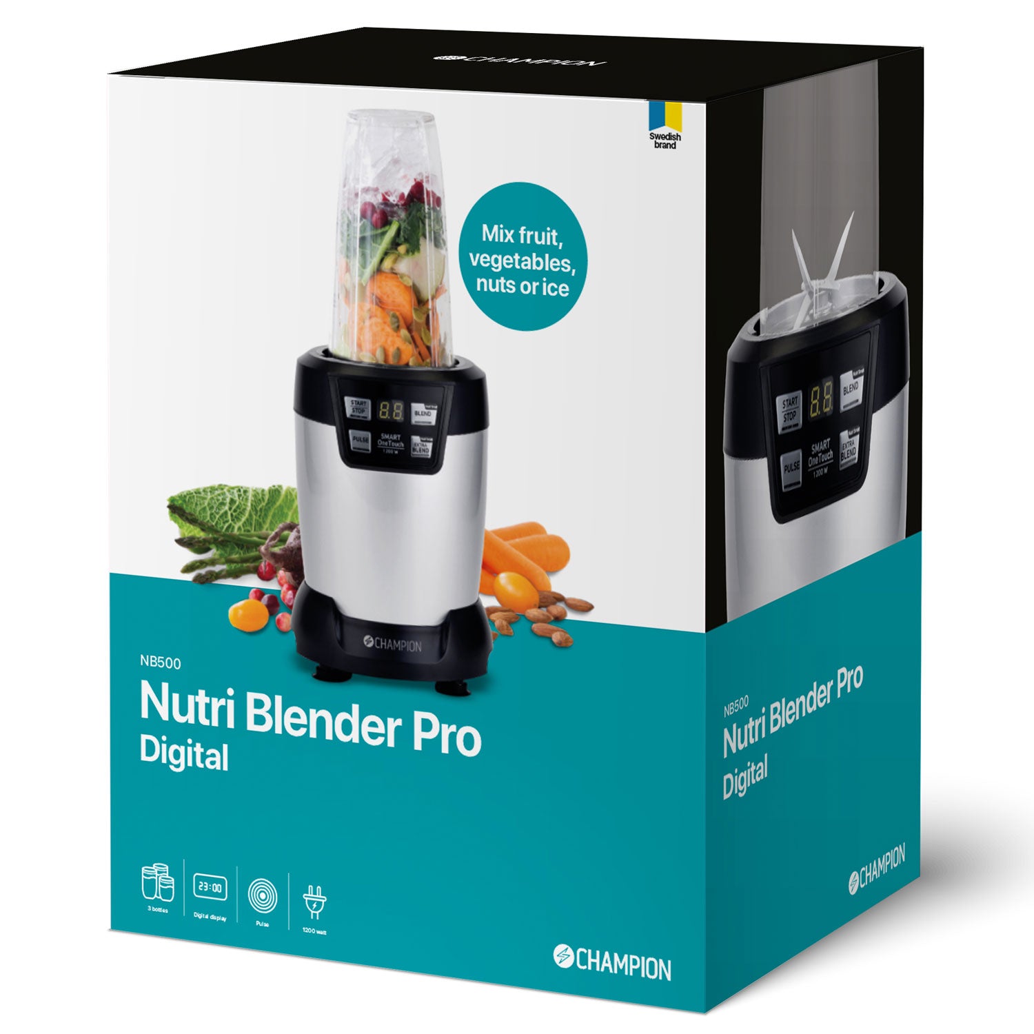 Champion Nutrition Blender Pro Digital 1200W NB500 Svart/Silver (Inklusive 3 behållare)